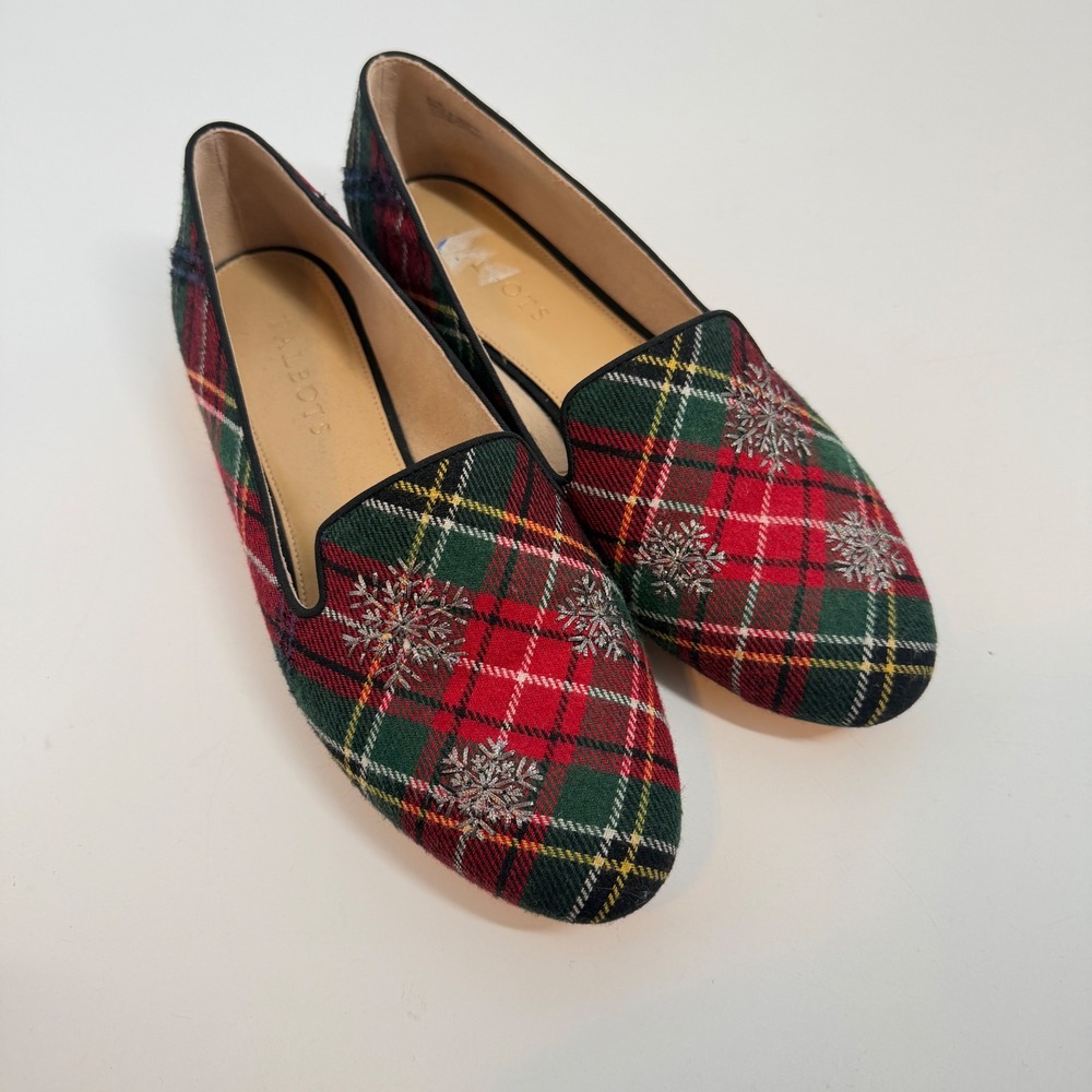 Talbots Ryan Plaid Snowflake Loafers Red Green Tartan Smoking Flats 8.5M